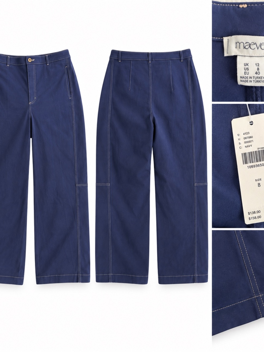 Anthropologie Curve Puddle Pants Navy Wide-Leg Pants with Contrast Stitching